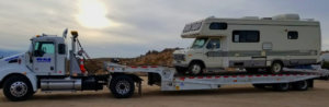 motorhome flatbed towing in the desert